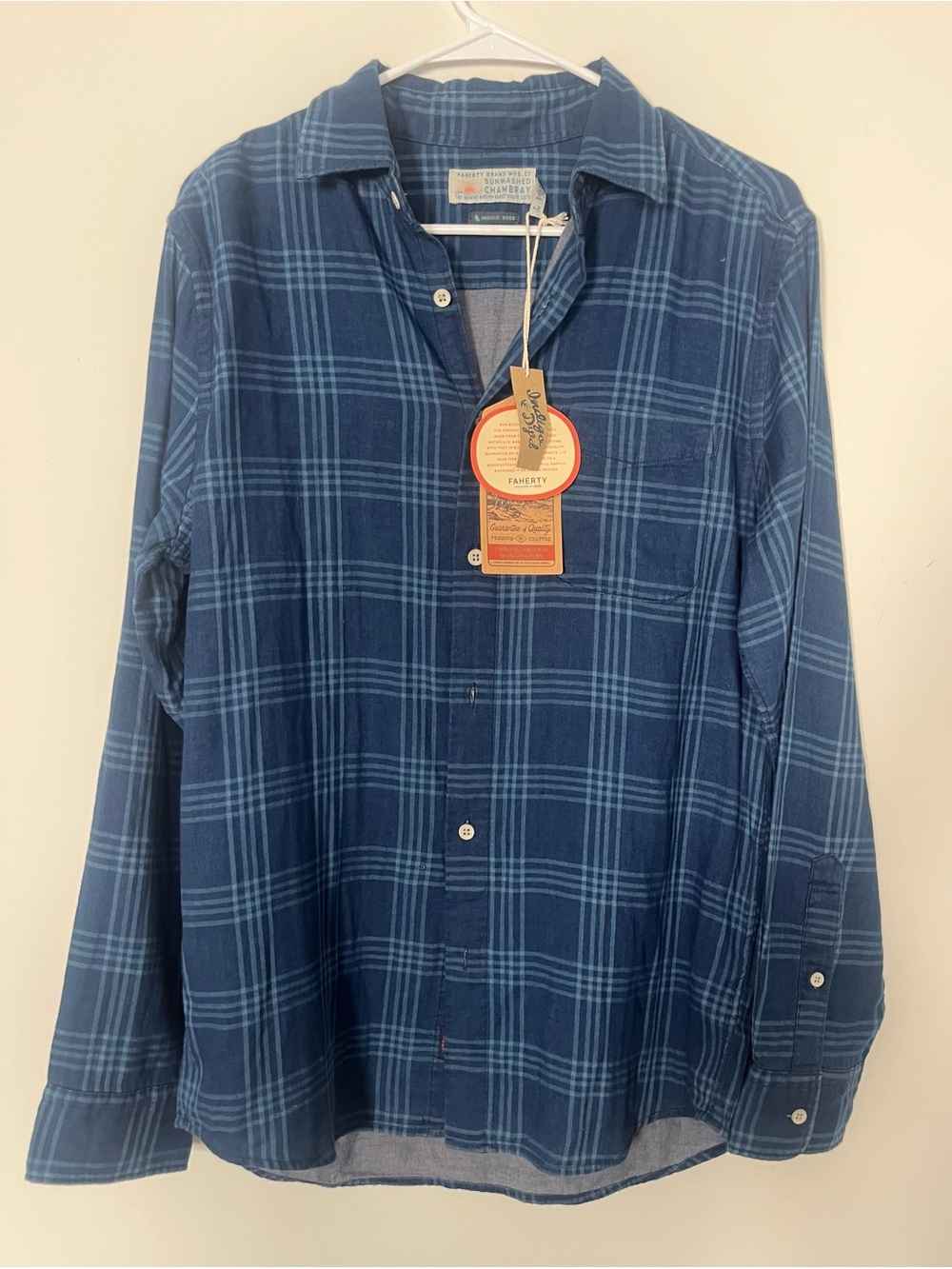 FAHERTY Sunwashed Blue Plaid Button-Down Long-Sleeve Shirt Indigo dyed